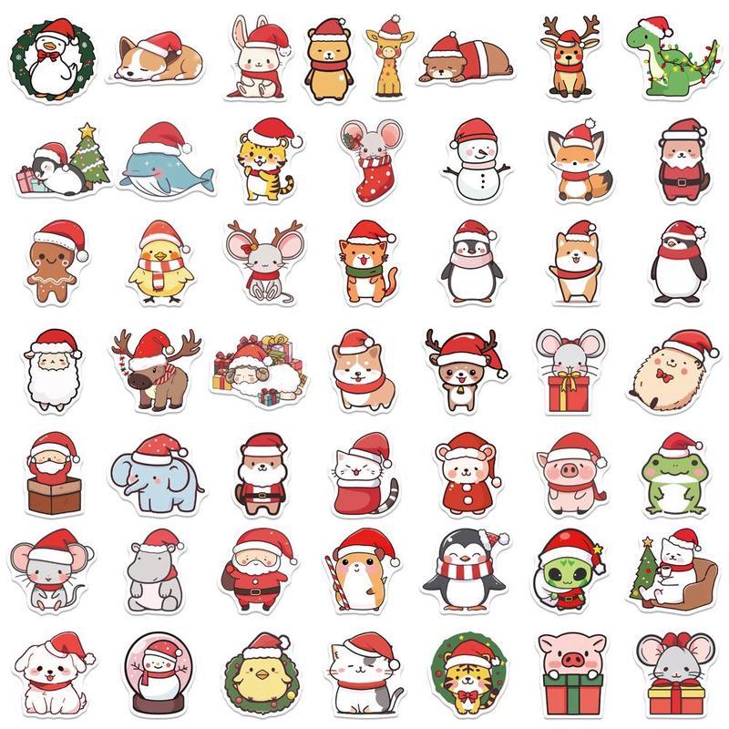 Cute Cartoon Animal Pattern Sticker, 50pcs set Creative Christmas Themed Sticker, DIY Decorative Sticker for Stationery & Computer & Water Bottle