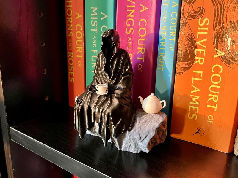 Spill the Tea Bookshelf Decor - Seated Hooded Ghost Figurine with Tea Cup and Tea Pot - 3D Printed Bookshelf Decor - Full Color