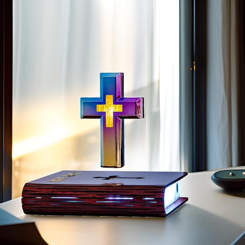 Handmade Levitating Cross Lamp, Levitating Cross Lamp Bible, Lighted Base Levitating Cross Decoration, Christian Home Decor (Book Base)