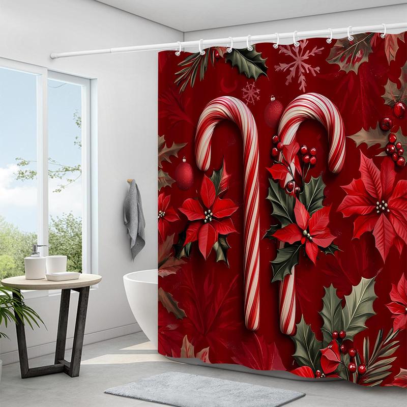 Christmas Candy Cane Pattern Shower Curtain, 1 Count Waterproof Fabric Shower Curtain with 12pcs Hooks, Bathroom Decor Supplies for Home Hotel Dormitory