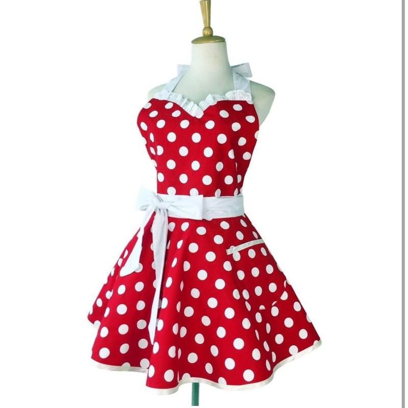 Lovely Sweetheart Retro Kitchen Aprons Woman Girl Cotton Polka Dot Cooking Salon Dress Pinafore Vintage Apron Mothers Gift (Red)