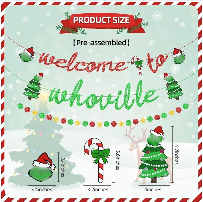 Grinchh Christmas Decorations Banner - Whoville Backdrop for Party Decorations