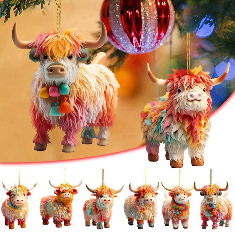 Highland Cow Design Hanging Ornament, 6 Counts set Cute Animal Shaped Hanging Decoration, Christmas Decoration for Home Party Festival