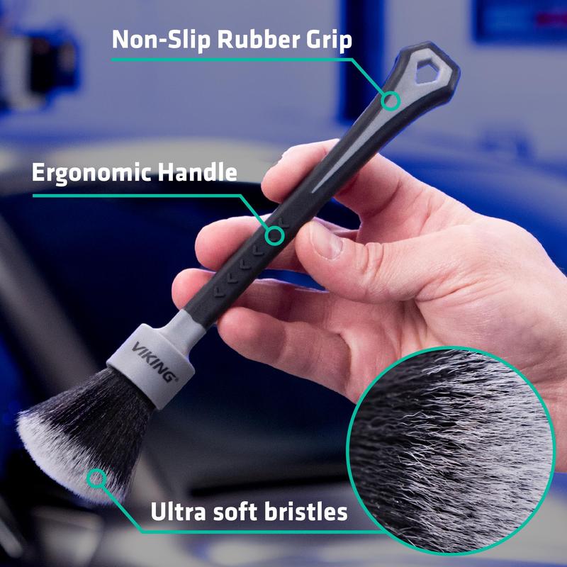 VIKING Car Detailing Brush Set for Car Cleaning Kit, Super-Soft Bristles for Interior Detail, Black Grey, Includes Medium 1 Inch Diameter and Large 1.5 Inch Diameter Brush Heads, 2 Pack