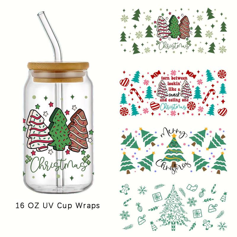 Christmas Festival Theme Tree Pattern Sticker, 4 Counts set Waterproof UV DTF Transfer Sticker, DIY Decorative Sticker for 16oz Cup