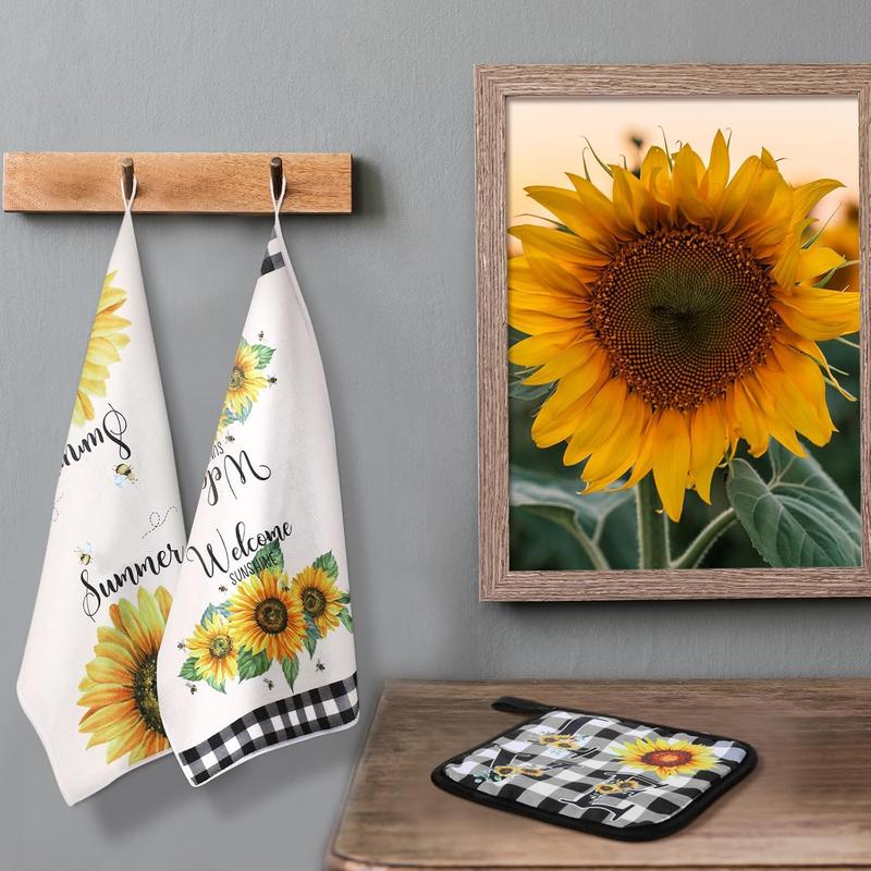 13 count Bee Sunflower Kitchen Set Include 5 Cute Wooden Spoons 2 Kitchen Towels 2 Kitchen Apron 2 Oven Mitts 2 Bee Sunflower Pot Holders for Housewarming Gifts (Sunflower)