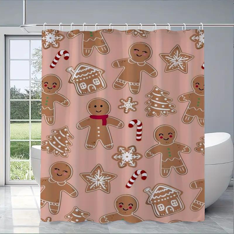 Gingerbread Man Pattern Shower Curtain, 1 Count Waterproof Bathroom Curtain with Hooks, Bathroom Accessories, Home Decor Supplies for Bathroom