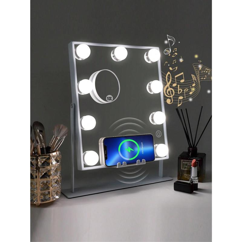 FENCHILIN White Holly Wood Vanity Mirror With Lights 9 Dimmable Bulbs Wireless Charger Bluetooth Speaker Makeup Mirror With Smart Touch Control For Glam Room Bedroom Detachable 10X Magnification