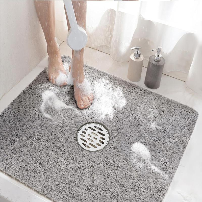 Square Shower Mat, 24 x 24 Inch Non Slip Bath Mat for Tub, Soft PVC Loofah Bathtub Mats with Drain Holes, Quick Drying Bathroom Stall Floor Mat, Bathroom Accessories Without Suction Cup, Grey