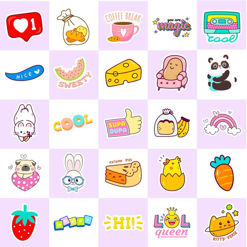 Cute Cartoon Animal & Food Pattern Sticker, 50pcs Self Adhesive Decor Stickers, Decorative Sticker for Laptop, Guitar, Water Bottle & Skateboard