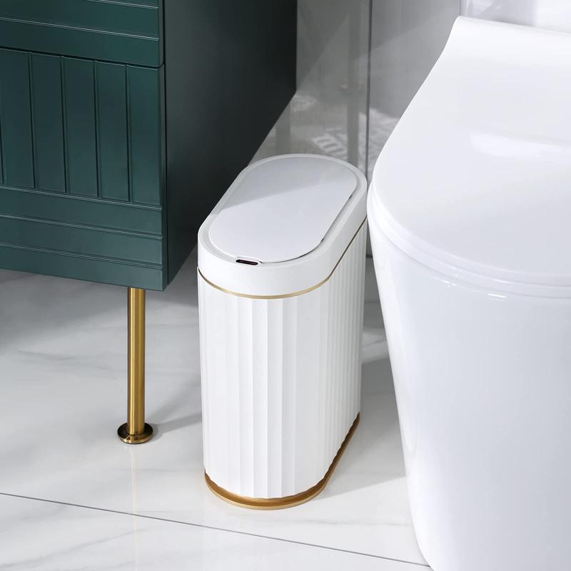 Automatic Motion Sensor Trash Can - 2 Gallon Slimline for Bathroom, Bedroom, Kitchen, Office - White with Gold Trim Waterproof Hand