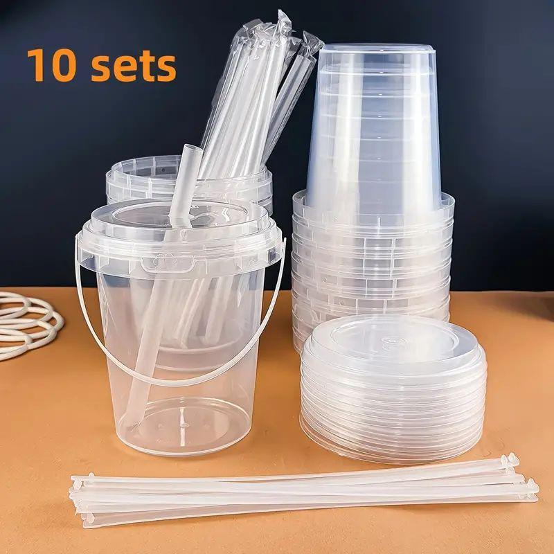 1000ml Large Capacity Disposable Fruit Juice Cup, 10 Sets Clear Fruit Juice Drink Cup with Lid & Handle & Straw, Drinking Cup for Home Party Picnic