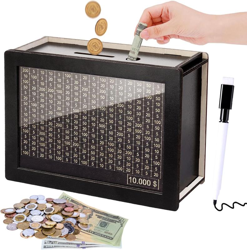 Cash Vault Wooden Savings Box, Wooden Cash Saver Money Box, Cash Coin Retro Money Savings Box with Counter, Saving Challenge Box 10,000, Money Box for Kids Adults(Black) money jar