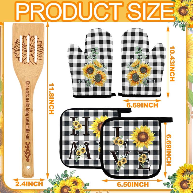 13 count Bee Sunflower Kitchen Set Include 5 Cute Wooden Spoons 2 Kitchen Towels 2 Kitchen Apron 2 Oven Mitts 2 Bee Sunflower Pot Holders for Housewarming Gifts (Sunflower)