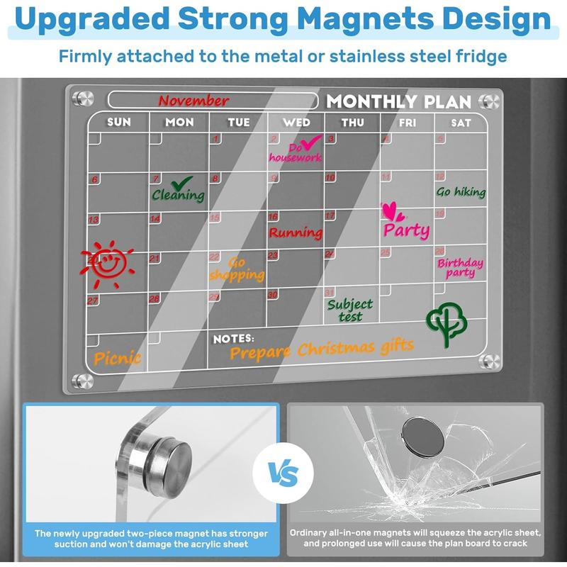 Acrylic Magnetic Monthly and Weekly Calendar for Fridge, Transparent Dry Erase Board for Refrigerator includes 4 Colors Markers and Eraser Apartment Decor Must Haves Acrylic Planner Board