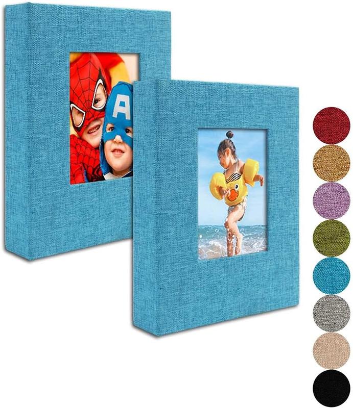 Small Photo Album 4x6  Clear Pages, Linen Cover with Front Window, Pack of 2, Each Small Album Holds 52 Photos, Small Brag Book Photo Album for 4x6 Photos, Blue Fabric