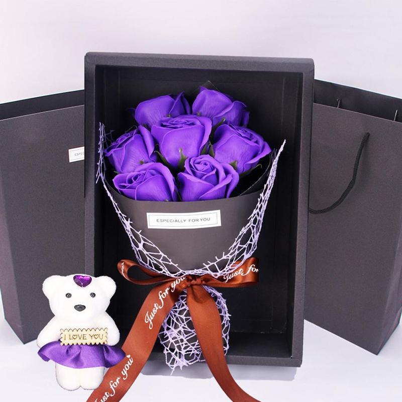 Creative Bouquet Gift Box, 1 Count Purple Artificial Rose Gift Box with Bear & Gift Bag, Birthday Gift for Girlfriend, Wife, Friend, Family