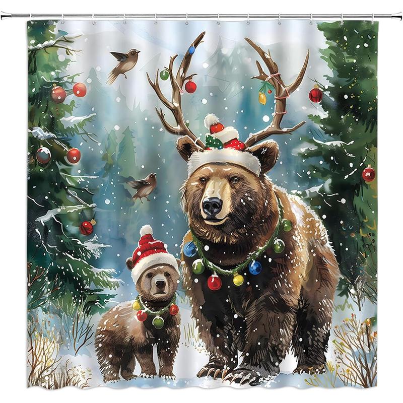 Christmas Bear Shower Curtain Winter Pine Tree Forest Xmas Ball Funny Antler Cap Snowy Scene Rustic Holiday Bathroom Curtain Set with Hooks(70