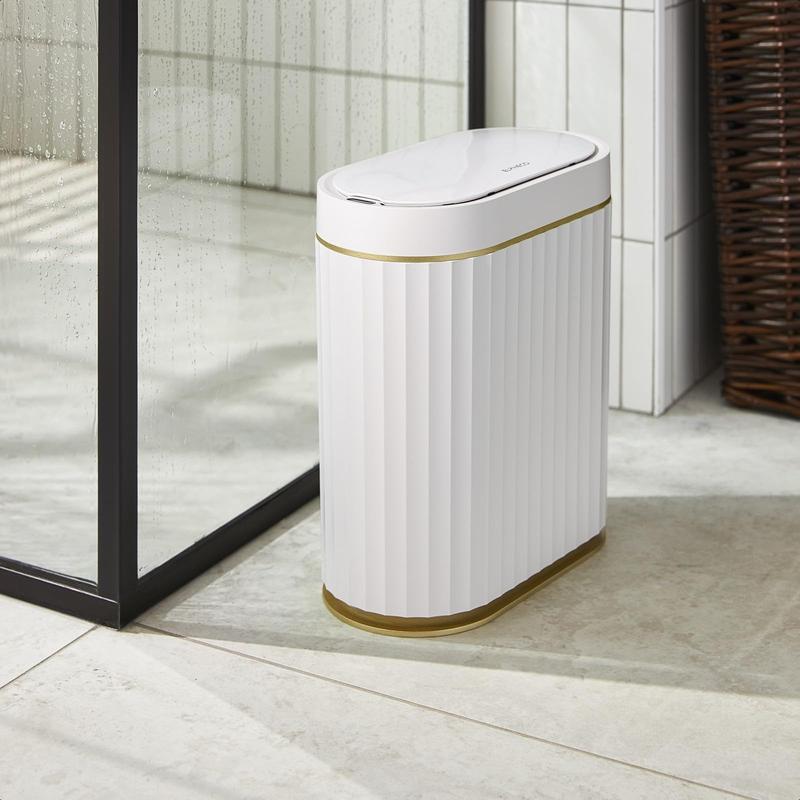 Automatic Motion Sensor Trash Can - 2 Gallon Slimline for Bathroom, Bedroom, Kitchen, Office - White with Gold Trim Waterproof Hand