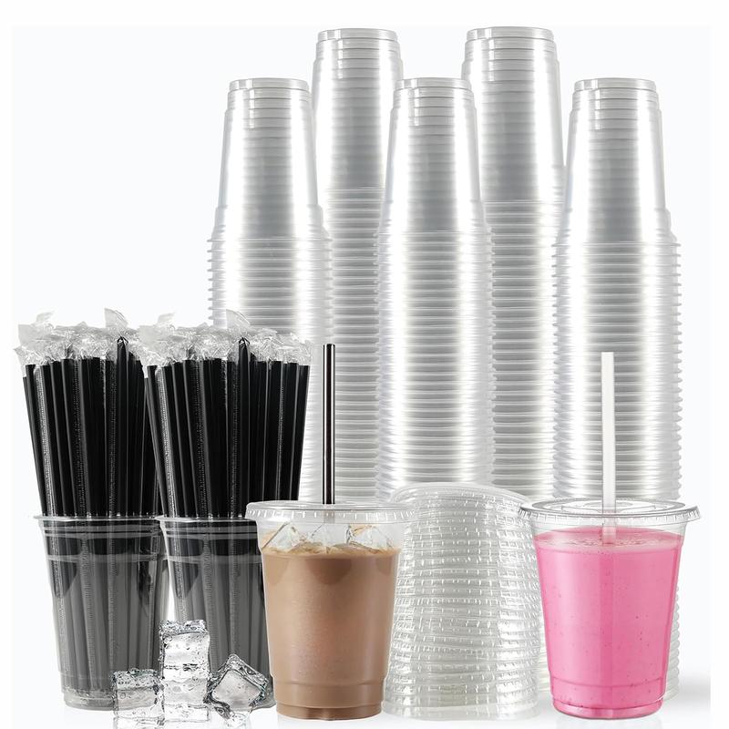 16oz Clear Plastic Cup with Straw & Lid, 50 Sets Disposable Coffee Cup, Disposable Cups, Disposable Tableware for Party & Takeaway Drink