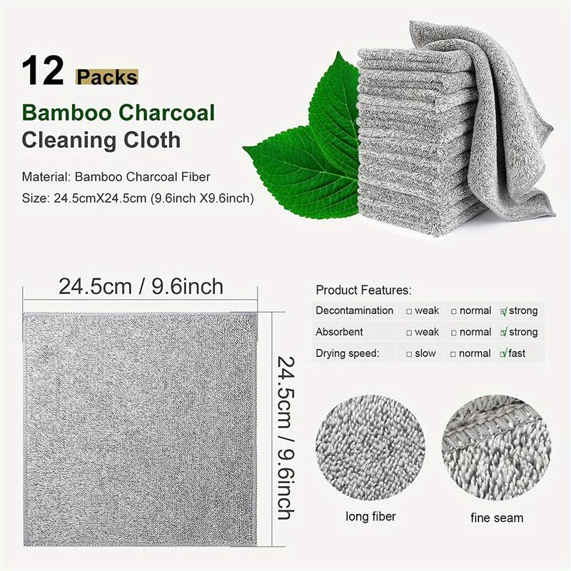 Bamboo Charcoal Fiber Cotton Kitchen Towel, 12pcs set Non-stick Oil & Odor Resistant Dish Rag, Highly Absorbent Dishcloth for Cleaning Dishes, Tea Towel