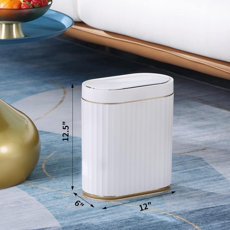 Automatic Motion Sensor Trash Can - 2 Gallon Slimline for Bathroom, Bedroom, Kitchen, Office - White with Gold Trim Waterproof Hand