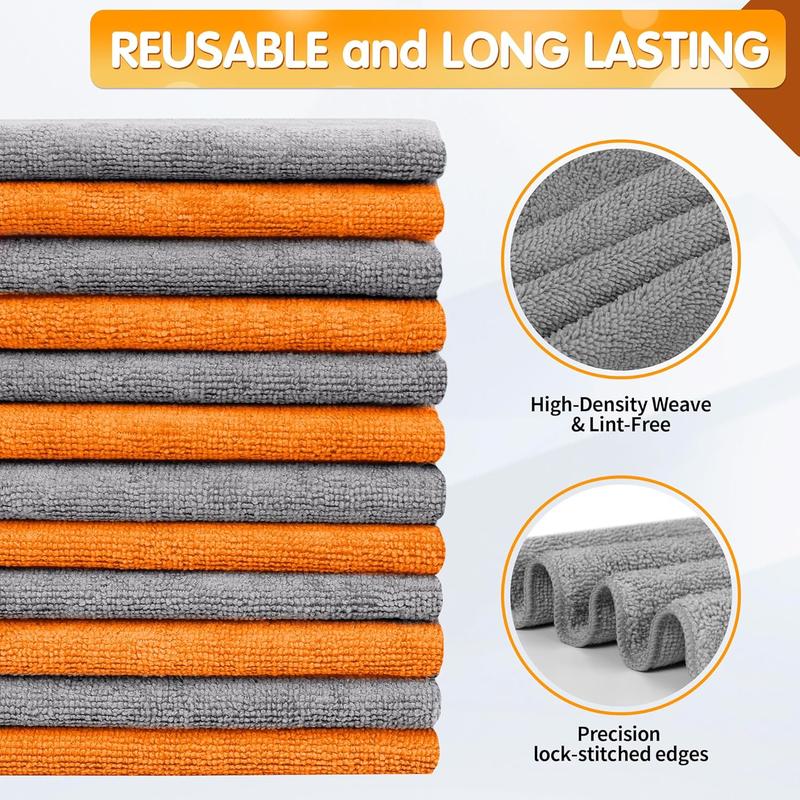 Microfiber Cleaning Cloth -Pack of 12, Highly Absorbent Cleaning Rags(Grey&Orange), 16