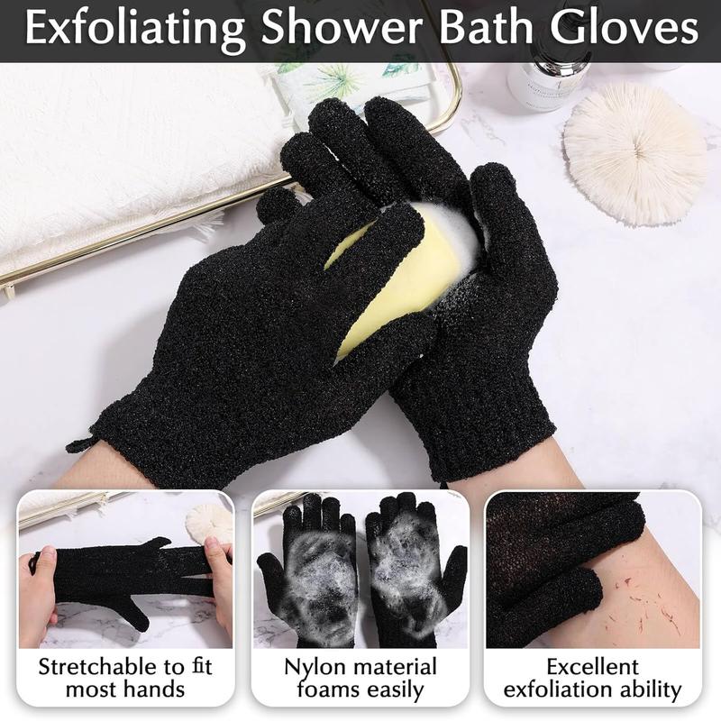 Exfoliating back scrubbing bath glove set. 1 Exfoliating bath towel + 1  pair bath glove. For body scrubbing and back cleaning to remove dead skin. Black bath tool.