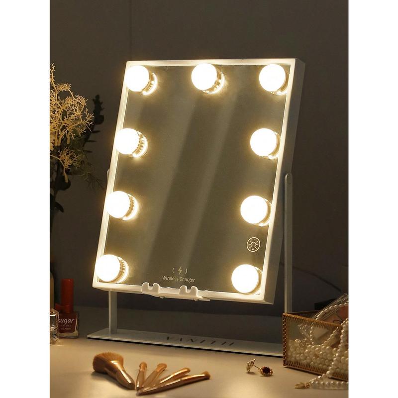 FENCHILIN White Holly Wood Vanity Mirror With Lights 9 Dimmable Bulbs Wireless Charger Bluetooth Speaker Makeup Mirror With Smart Touch Control For Glam Room Bedroom Detachable 10X Magnification