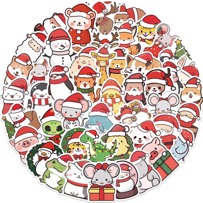 Cute Cartoon Animal Pattern Sticker, 50pcs set Creative Christmas Themed Sticker, DIY Decorative Sticker for Stationery & Computer & Water Bottle