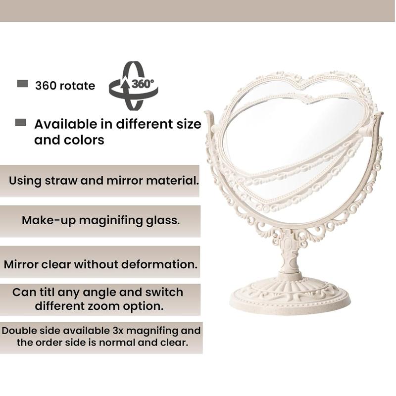 7 Inch Vintage Heart Mirror - Elegant Desk Makeup Mirror with Double Sided 360 Degree Rotation Vanity Mirror for Coquette Room Decor (Beige 1 count)