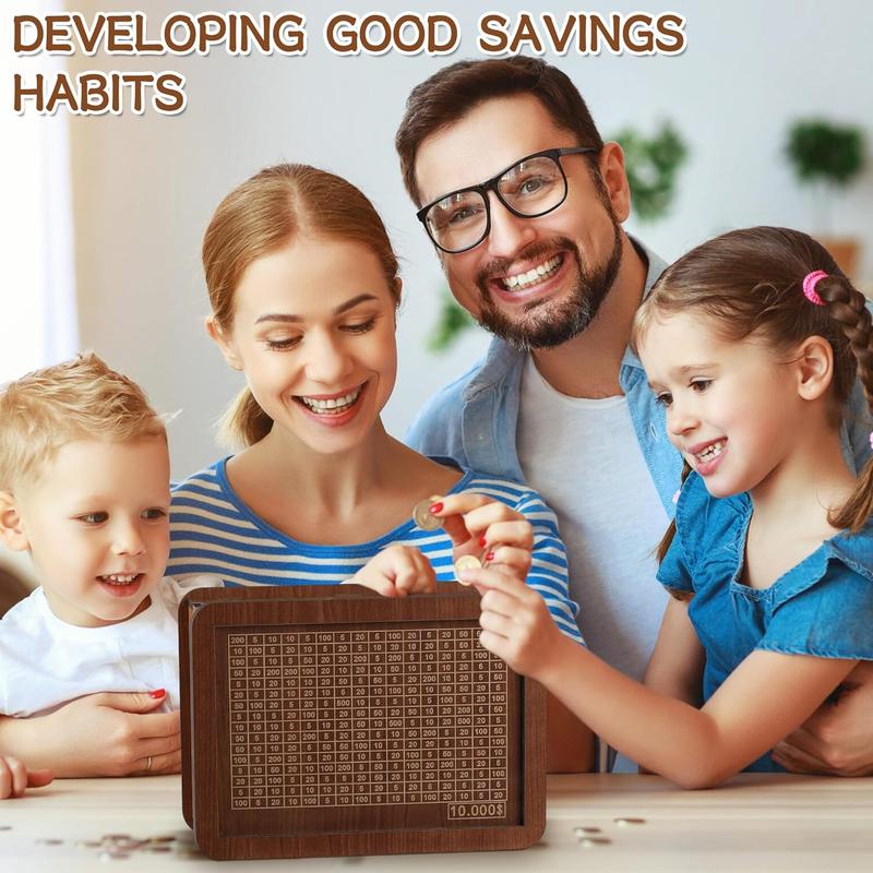 Cash Vault Wooden Savings Box, Piggy Bank for Adults Kids, Coin Bank for Boys and Girls, Unique 10000 Savings Challenge Box, Wooden Cash Savings Box with Money Target and Numbers (10000 Dollar)