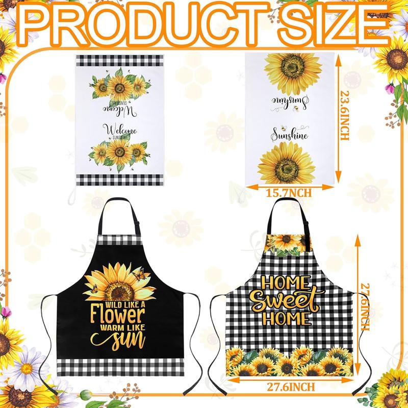 13 count Bee Sunflower Kitchen Set Include 5 Cute Wooden Spoons 2 Kitchen Towels 2 Kitchen Apron 2 Oven Mitts 2 Bee Sunflower Pot Holders for Housewarming Gifts (Sunflower)