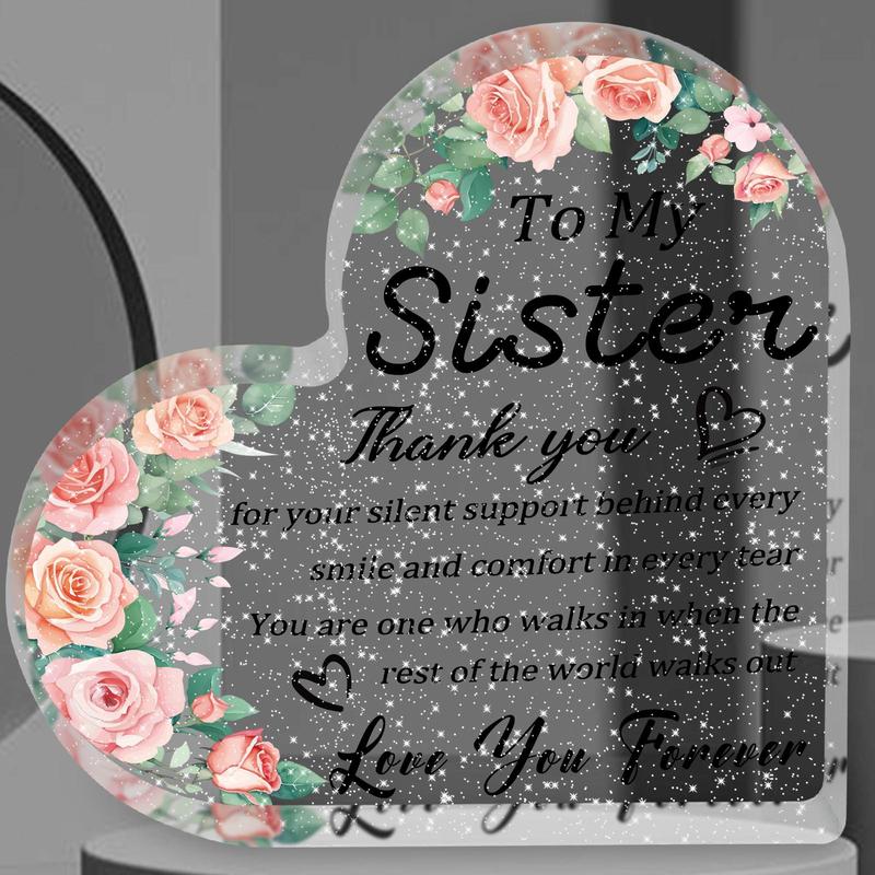 Flower & Letter Pattern Acrylic Plaque, Shiny Transparent Heart Shaped Acrylic Plaque, Desk Ornament, Memorial Gift, Ideal Delicate Gifts