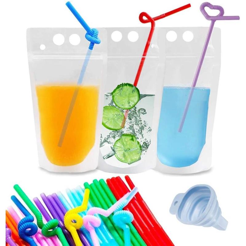 100count Drink Pouches for Adults Heavy Duty Hand-Held Translucent Reusable Juice Pouches Smoothie Pouches with 100 Drink Straws Adult Party Favors