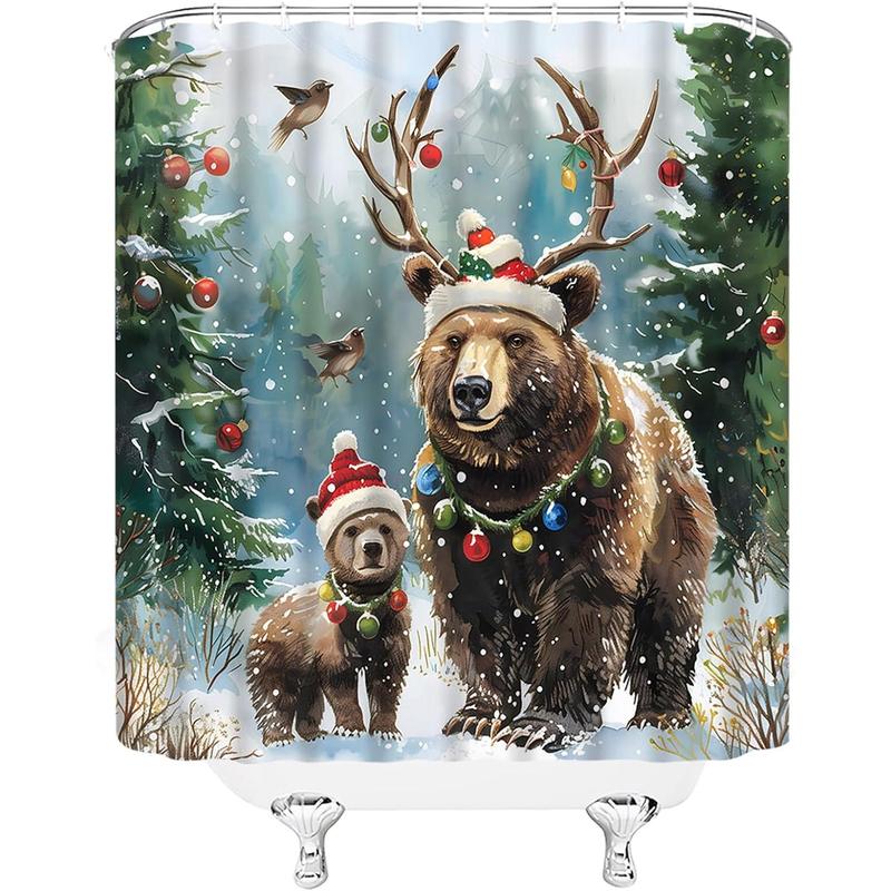 Christmas Bear Shower Curtain Winter Pine Tree Forest Xmas Ball Funny Antler Cap Snowy Scene Rustic Holiday Bathroom Curtain Set with Hooks(70