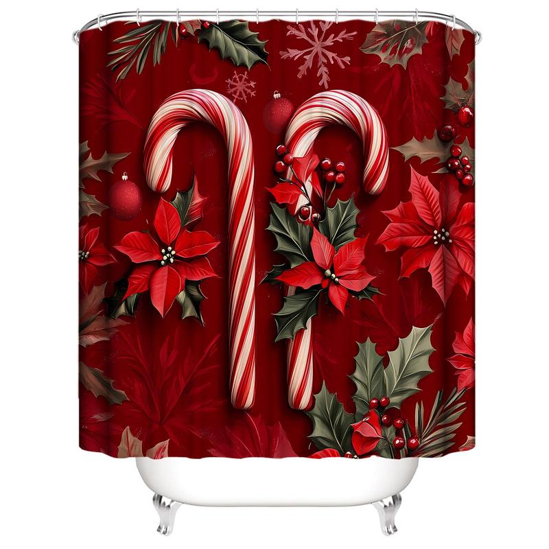 Christmas Candy Cane Pattern Shower Curtain, 1 Count Waterproof Fabric Shower Curtain with 12pcs Hooks, Bathroom Decor Supplies for Home Hotel Dormitory