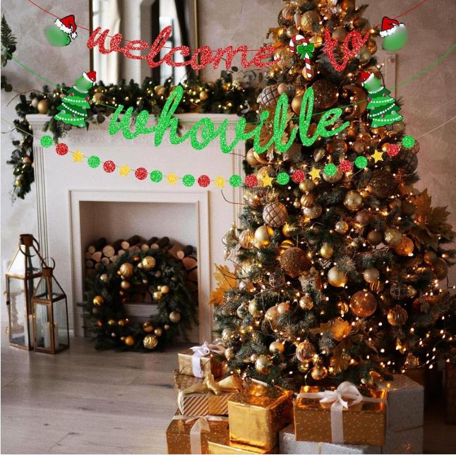 Grinchh Christmas Decorations Banner - Whoville Backdrop for Party Decorations