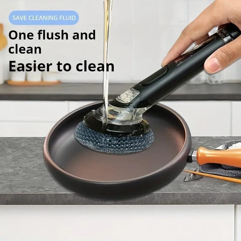 Kitchen Dishwashing Brush with Soap Dispenser, Non-electric Long-handle Cleaning Scrubber for Dishes, Pots, Pans, and Bowls