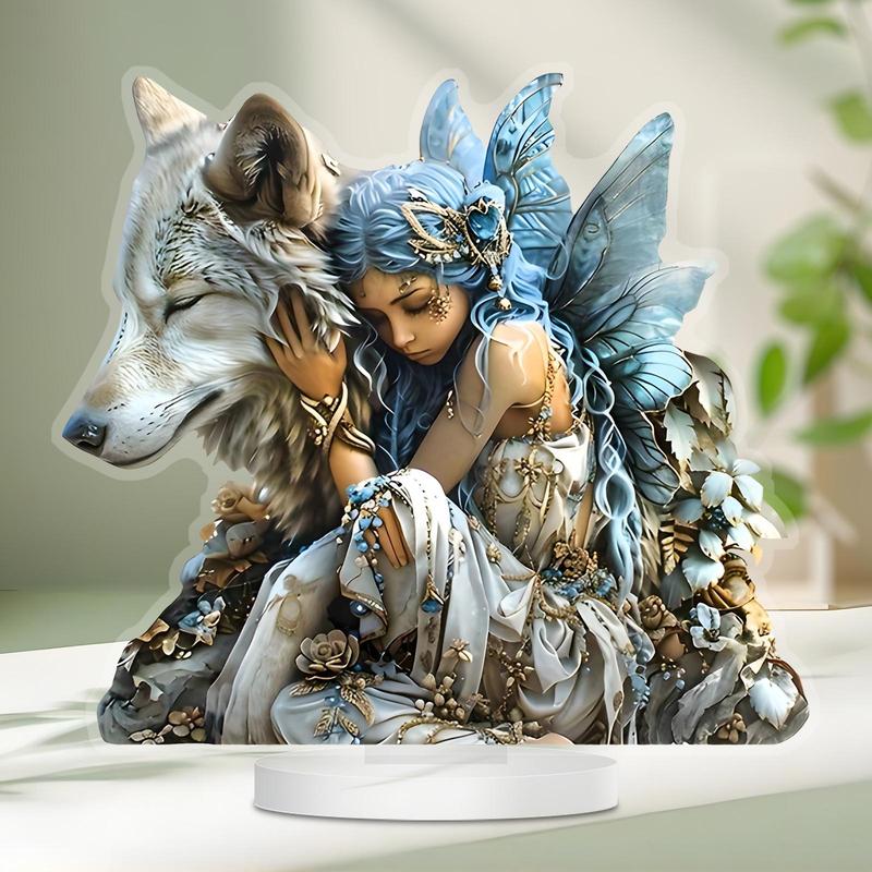 Wolf & Fairy Pattern Acrylic Desktop Decoration Sign, 1 Count Boho Style Decorative Plaque, Desktop Ornament for Home Office Coffee Shop