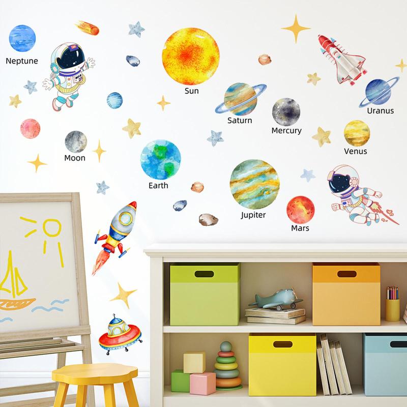 Solar System Pattern Wall Sticker, 1 Count 2 Sheets Colorful Astronaut & Planet Themed Wall Decal, Wall Decor for Baby Room Bedroom Living Room Playroom Classroom Decorations