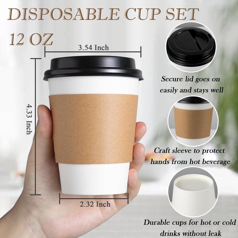 [100 Pack] 12 oz Disposable Coffee Cups with Lids and Sleeves, 12 oz  Coffee Cups with Lids, Sturdy White Paper Disposable Cups with Lids for Hot and Cold Beverage