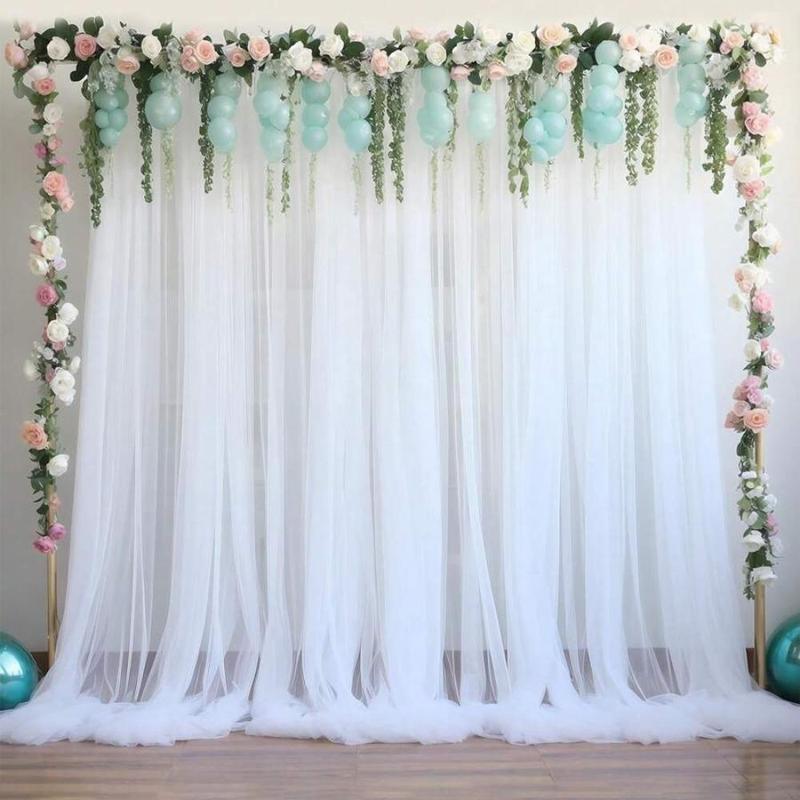 Tulle Backdrop Curtain without Balloon Flower, 2 Counts Sheer Background Clothes without Light, Party Decorative Backdrop for Wedding Party Birthday