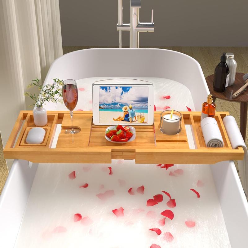 Bathtub Caddy Tray，Expandable and Foldable Bath Tray for Tub,  Bamboo Bath Caddy Tub Table, Bathtub Accessories with Book Holder and Free Soap Dish