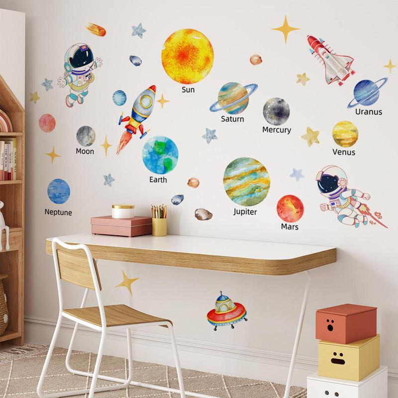 Solar System Pattern Wall Sticker, 1 Count 2 Sheets Colorful Astronaut & Planet Themed Wall Decal, Wall Decor for Baby Room Bedroom Living Room Playroom Classroom Decorations