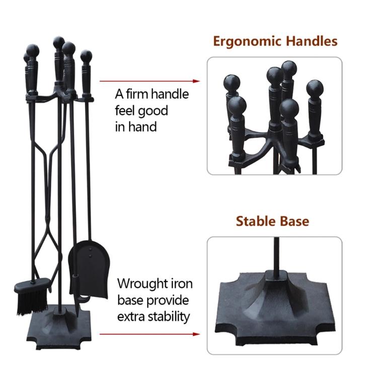 5 Pcs Iron Fireplace Tools Set in Handle Wrought Iron; Fire Tool Set with Log Holder Fire Pit Stand; Black