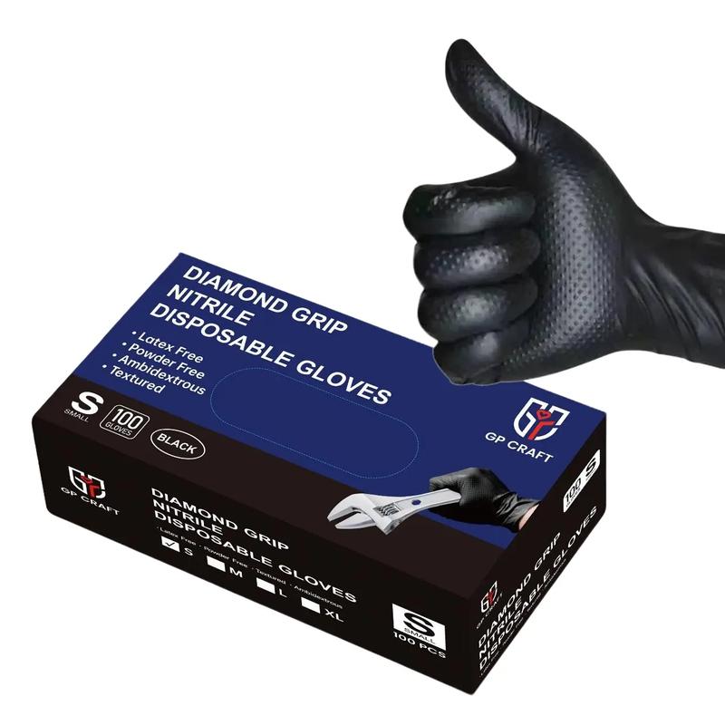 GP Craft  8Mil Diamond Textured Black Nitrile Gloves (Automative Work) Cleaning Hand Cover