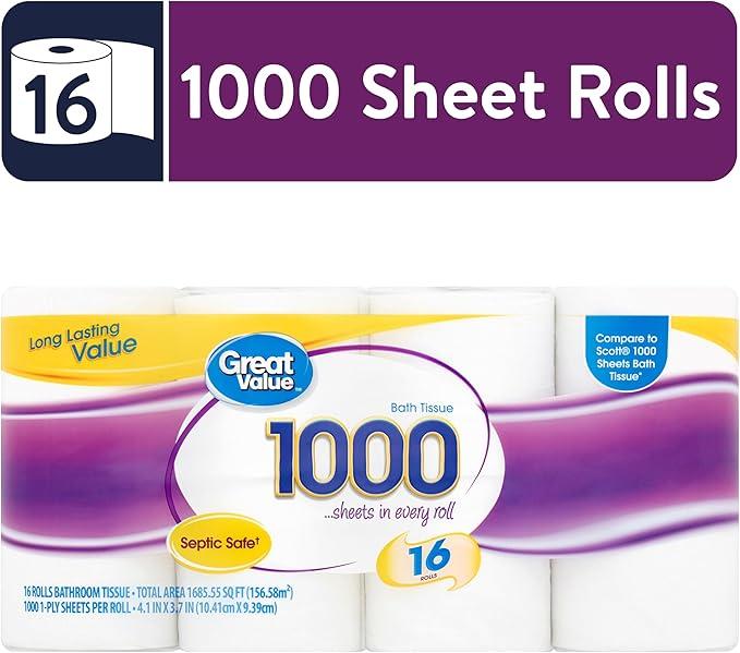 1000 Bath Tissue Rolls, 16 Count - Toilet Wipes for Home Bathroom