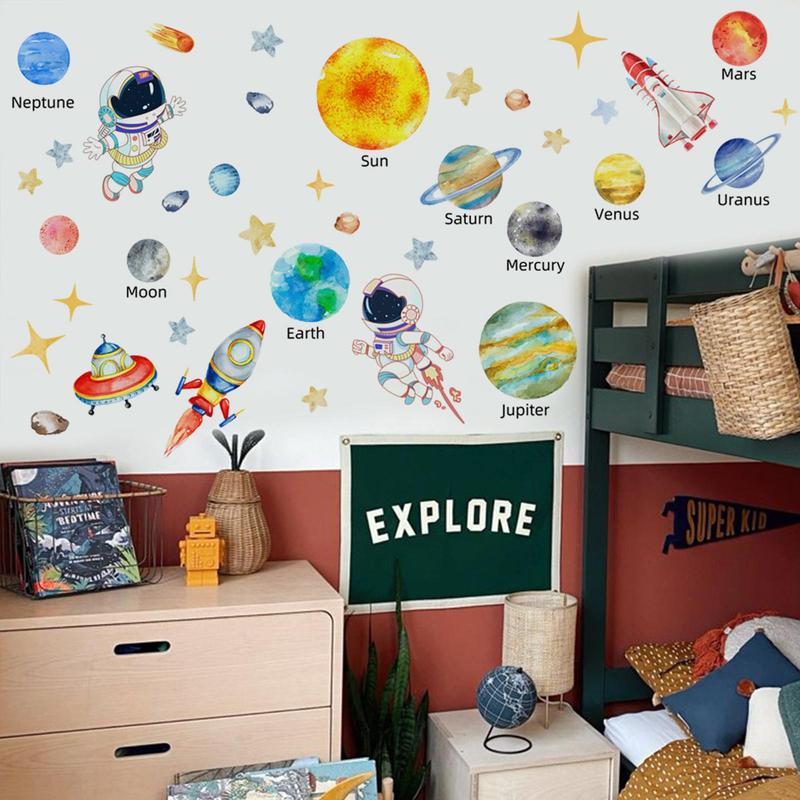 Solar System Pattern Wall Sticker, 1 Count 2 Sheets Colorful Astronaut & Planet Themed Wall Decal, Wall Decor for Baby Room Bedroom Living Room Playroom Classroom Decorations