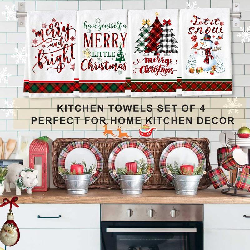 Christmas Kitchen Towels, Christmas Hand Towels Set of 4 Dish Towels Buffalo Plaid Christmas Tea Towels and Dishcloth for Kitchen Winter Snowman Red Merry Christmas Tree Towels